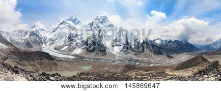 panoramic view of Mount Everest with beautiful sky and Khumbu Glacier - way to Everest base camp Khumbu valley Sagarmatha national park Nepal
