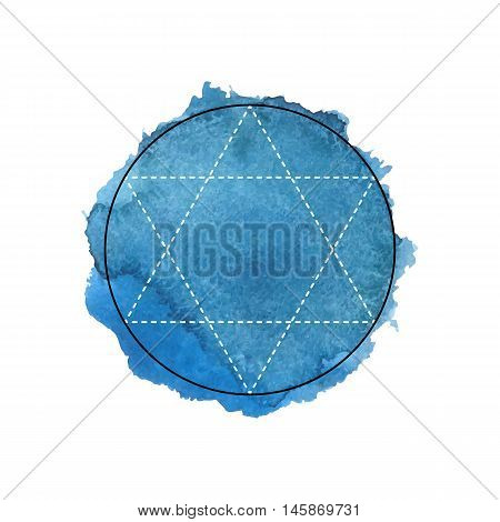 Symbol of alchemy and sacred geometry on the blue watercolor background. Linear character illustration for lines tattoo on the white isolated background