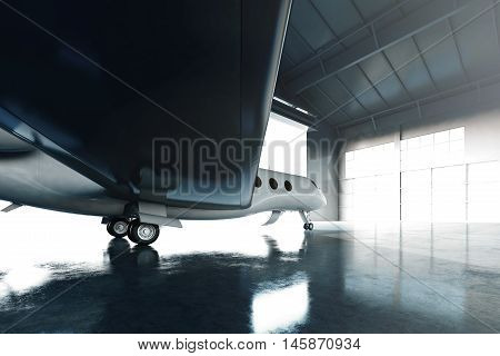 Photo of White Glossy Luxury Generic Design Private Jet parking in hangar airport. Concrete floor. Business Travel Picture. Horizontal, view from under wing. Film Effect. 3D rendering