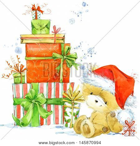 Christmas Card with Christmas cake. Watercolor Christmas cake illustration. Background for New Year invitation card.