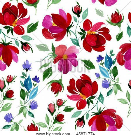 Hand drawn poster with colorful flowers illustration in watercolor. Could be used for: romantic decoration, background for cards, wedding or greeting.