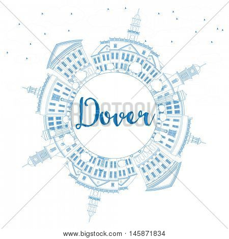 Outline Dover Skyline with Blue Buildings and Copy Space. Vector Illustration. Business Travel and Tourism Concept with Historic Buildings. Image for Presentation Banner Placard and Web Site.