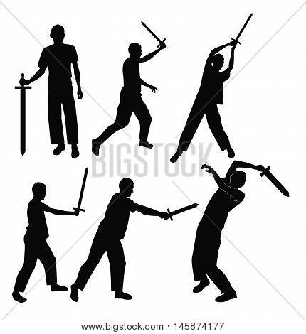 Set swordsman silhouettes in different poses. Vector illustration