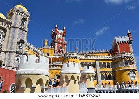 SINTRA, PORTUGAL - AUG 20: Pena Palace in Sintra, Portugal, as seen on Aug 20, 2016. The palace is a UNESCO World Heritage Site and one of the Seven Wonders of Portugal.