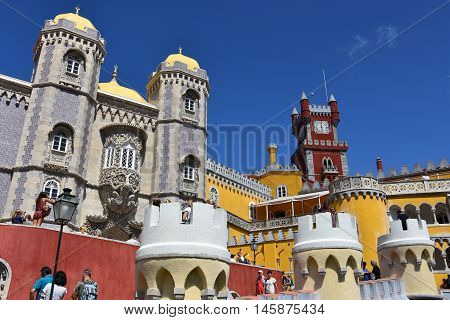 SINTRA, PORTUGAL - AUG 20: Pena Palace in Sintra, Portugal, as seen on Aug 20, 2016. The palace is a UNESCO World Heritage Site and one of the Seven Wonders of Portugal.