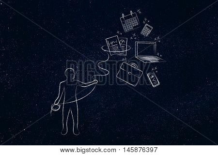 Person With Lasso Catching Office Objects, Multitasking At Work