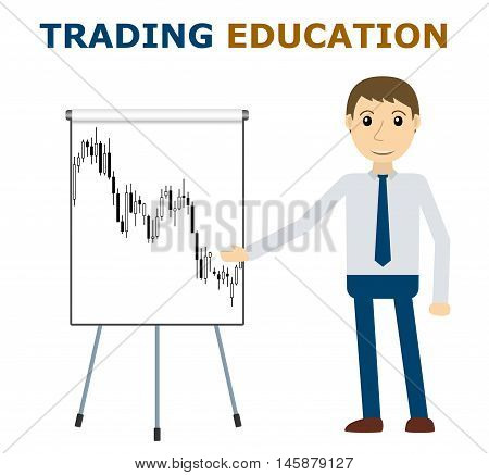 Trade mentor at the flipchart. Trading education concept. Market analysis forex stock trade. Vector illustration.