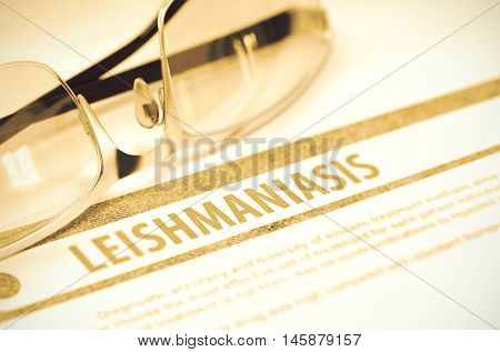 Leishmaniasis - Medicine Concept with Blurred Text and Spectacles on Red Background. Selective Focus. 3D Rendering.
