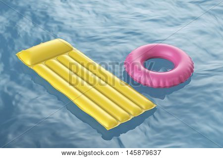 Pool raft and swim ring floating on wavy water, 3D illustration