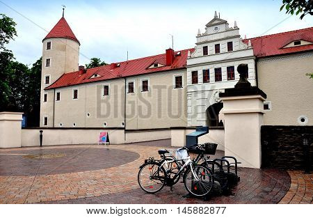 Friedberg Germamy- May 30 2013: Bicycles parked in front of the main entrance to the town's Schloss (castle)