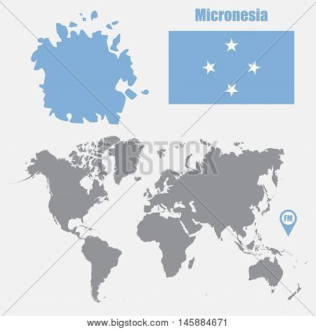 Micronesia map on a world map with flag and map pointer. Vector illustration