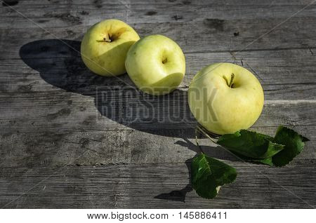 ripe yellow apple on the old wooden table in the garden