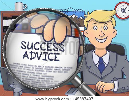 Success Advice. Man Holding a Text on Paper through Lens. Multicolor Doodle Style Illustration.