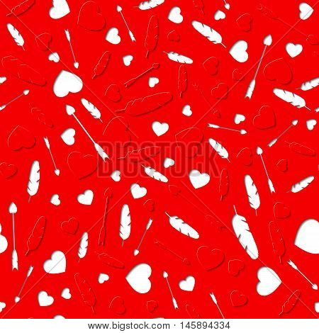Many carved hearts, arrows and feather. Different size. Seamless pattern