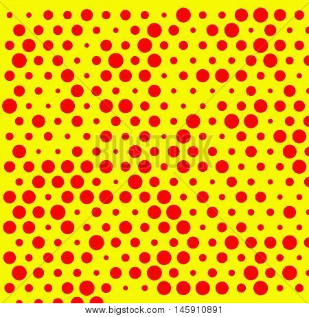 Dotted Repeatable Popart Like Duotone Pattern. Speckled Red Yellow Pointillist Background. Seamlessl