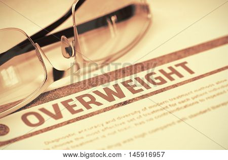 Overweight - Medicine Concept on Red Background with Blurred Text and Composition of Spectacles. 3D Rendering.