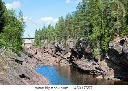 Imatra. Finland. The canyon of Imatrankoski (The Imatra Rapid) on The Vuoksi River. On the right side is Kruununpuisto Park.