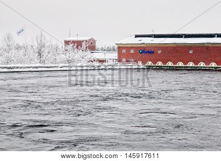 IMATRA, FINLAND - JANUARY 28, 2011: Hydroelectric power station on The Vuoksi River on The Imatrankoski rapids.
