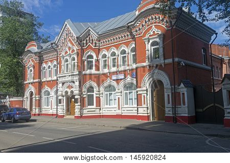 MOSCOW RUSSIA - JULY 31 2016: The house built in pseudo-Russian style. 17 Bolshoy Rogozhsky lane Moscow Russia. Sunny July morning.