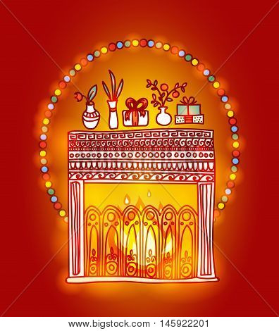 Fireplace, gifts and fluorescent lights. Cosy and warm hand drawn design element for Christmas or New Year greeting card. Merry Christmas and Happy New Year