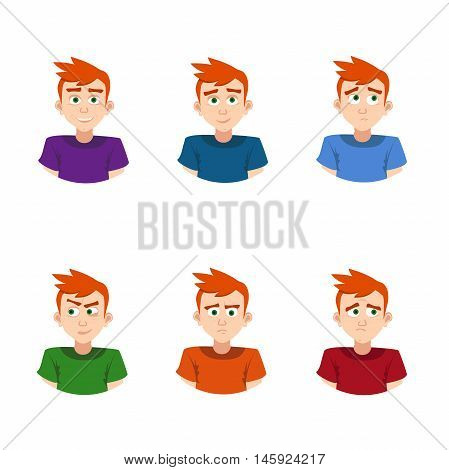 Cartoon set avatars with the young man emotional face. vector illustration. Young man expressing different emotions icons isolated on a white background