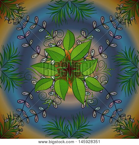 vintage pattern on round blue yellow and golden gradient background with green leaves and blue flowers.