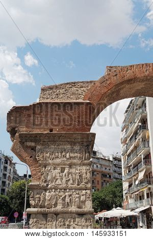 Thessaloniki, Greece - September 04 2016: The Arch of Galerius Emperor detail. It was built to celebrate Galerius victory over the Persians in 298 AD.