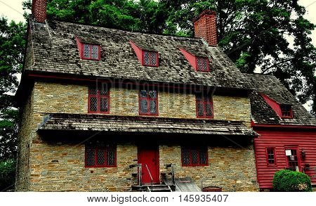 Dilworthtown Pennsylvania - June 3 2015: Early colonial era fieldstone 1704 John Brinton House built in the English medieval style