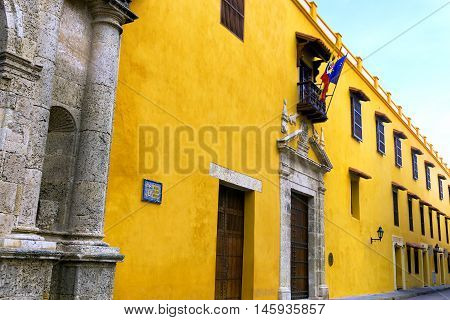 Beautiful yellow colonial architecture in the historic city of Cartagena Colombia