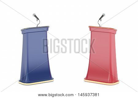 Debate concept with microphones and tribunes 3D rendering isolated on white background