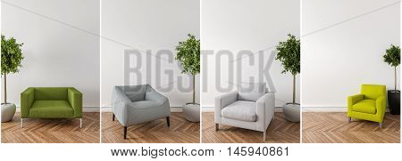 Put your creation on this empty area. Parquet on the floor armchair and interior plant. 3d illustration