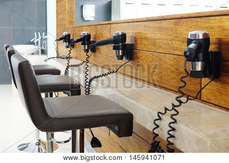 Hair dryers in a checkroom