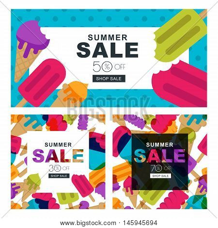 Set of summer sale banners with multicolor ice cream. Vector horizontal and square banners and flyers. Summer poster background with frame and ice cream illustration. Discount labels.