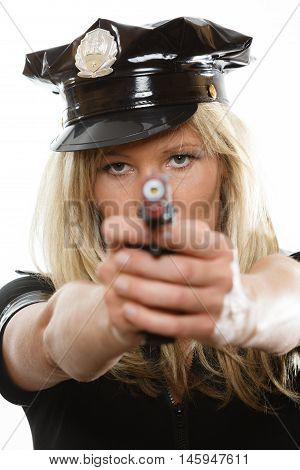 blonde female policewoman cop posing with gun handgun isolated on white background
