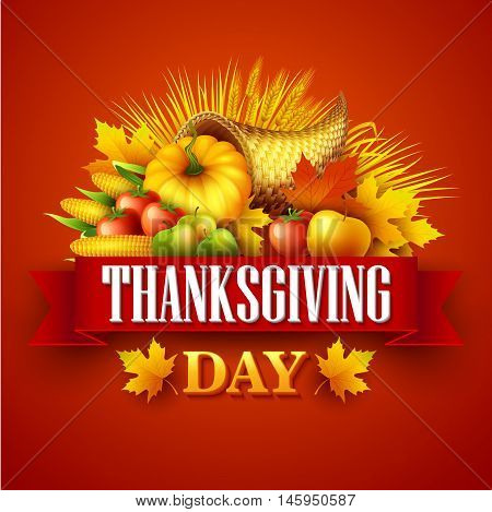 Illustration of a Thanksgiving cornucopia full of harvest fruits and vegetables. Fall greeting design. Autumn harvest celebration. Pumpkin and leaves. Vector illustration EPS10