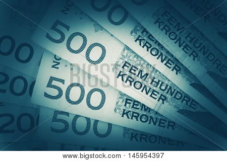 Norwegian Krones Closeup. Five Hundred Krone Banknotes Closeup.