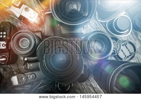 Photography Is My Passion. Professional Photography Equipment on the Table. Lenses Cameras and Other Equipment For a Pro Photo Shooting.