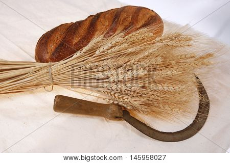 bunch of mown wheat ears with vintage handmade reaper hook sickle and rye dark white french fresh bread loaf on light linen tablecloth
