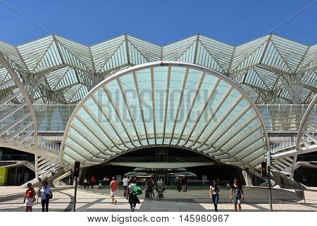 LISBON, PORTUGAL - AUG 21: Lisbon Oriente Station in Portugal, as seen on Aug 21, 2016. It is one of the main Portuguese intermodal transport hubs and one of the worlds largest rail stations.