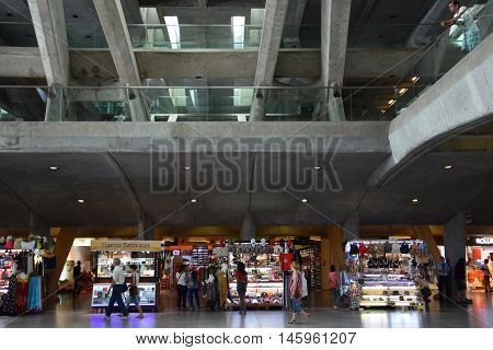 LISBON, PORTUGAL - AUG 21: Lisbon Oriente Station in Portugal, as seen on Aug 21, 2016. It is one of the main Portuguese intermodal transport hubs and one of the worlds largest rail stations.