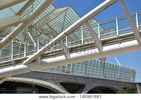 LISBON, PORTUGAL - AUG 21: Lisbon Oriente Station in Portugal, as seen on Aug 21, 2016. It is one of the main Portuguese intermodal transport hubs and one of the worlds largest rail stations.