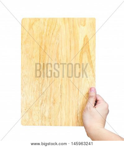 Hand Holdling Wood Plate Isolated On White Background, Template Mock Up For Adding Menu Or Another C