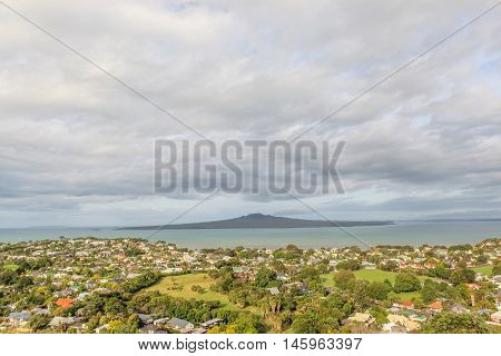 The view point of Rangitoto Island from Mount Victoria reserve Devonport Auckland New Zealand.