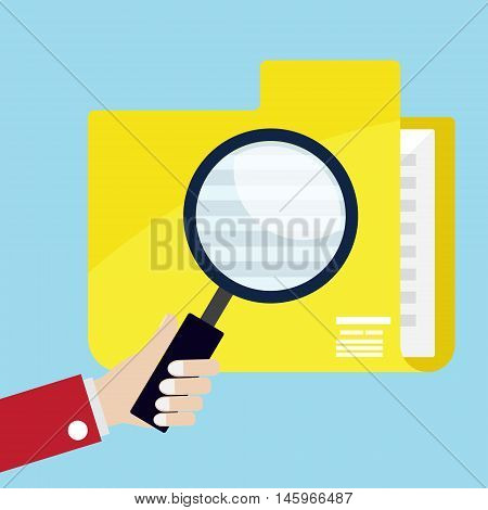 hand use magnifier glass for seaching data in yellow folder vector illustration