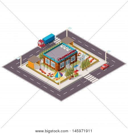 Vector isometric illustration of district map with kindergarten.