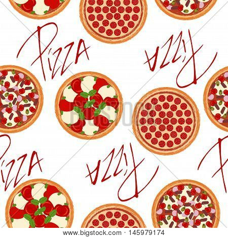 Cute seamless background pattern with different types of pizzas on the white fond. Vector illustration eps 10