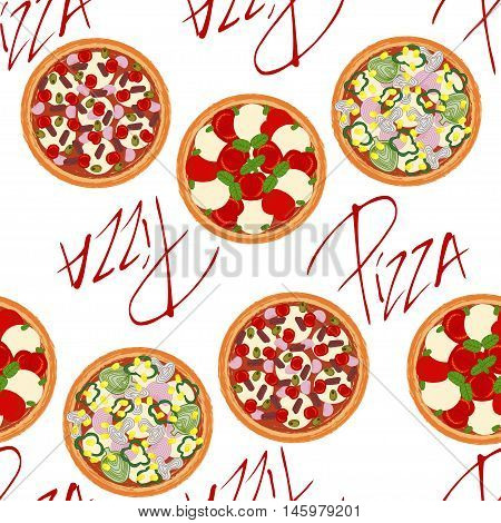 Cute seamless background pattern with different types of pizzas on the white fond. Vector illustration eps