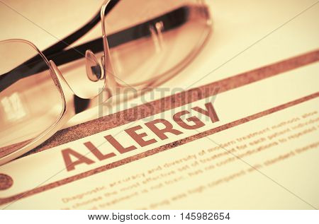 Allergy - Medical Concept with Blurred Text and Pair of Spectacles on Red Background. Selective Focus. 3D Rendering.