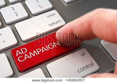 Finger Pushing Ad Campaign Red Key on Modern Keyboard. 3D Illustration.