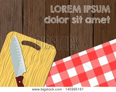 Kitchen Logo Blank, Knife On Cutting Board The Wooden Table With Tablecloth